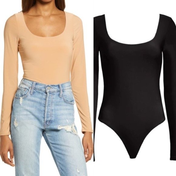 Leith Tops - NWT Leith Double Scoop Long Sleeve Thong Bodysuit In Black
